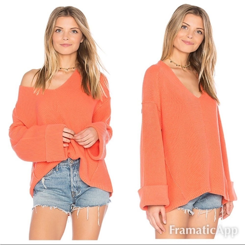 Free People Coral Orange Oversized V-Neck Sweater